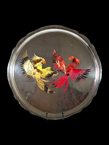 Modernist Mexican Sterling Tray with Cutout Glass Parrot Design