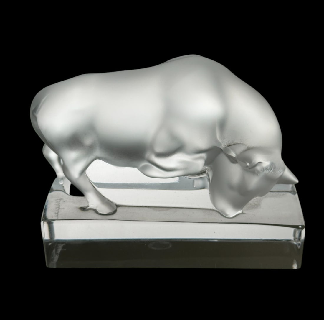 Lalique French Crystal Bull Paperweight: Lalique French frosted crystal bull paperweight, made in France, marked "Lalique / France." 3.75" H x 4.5" W x 1.5" D.
