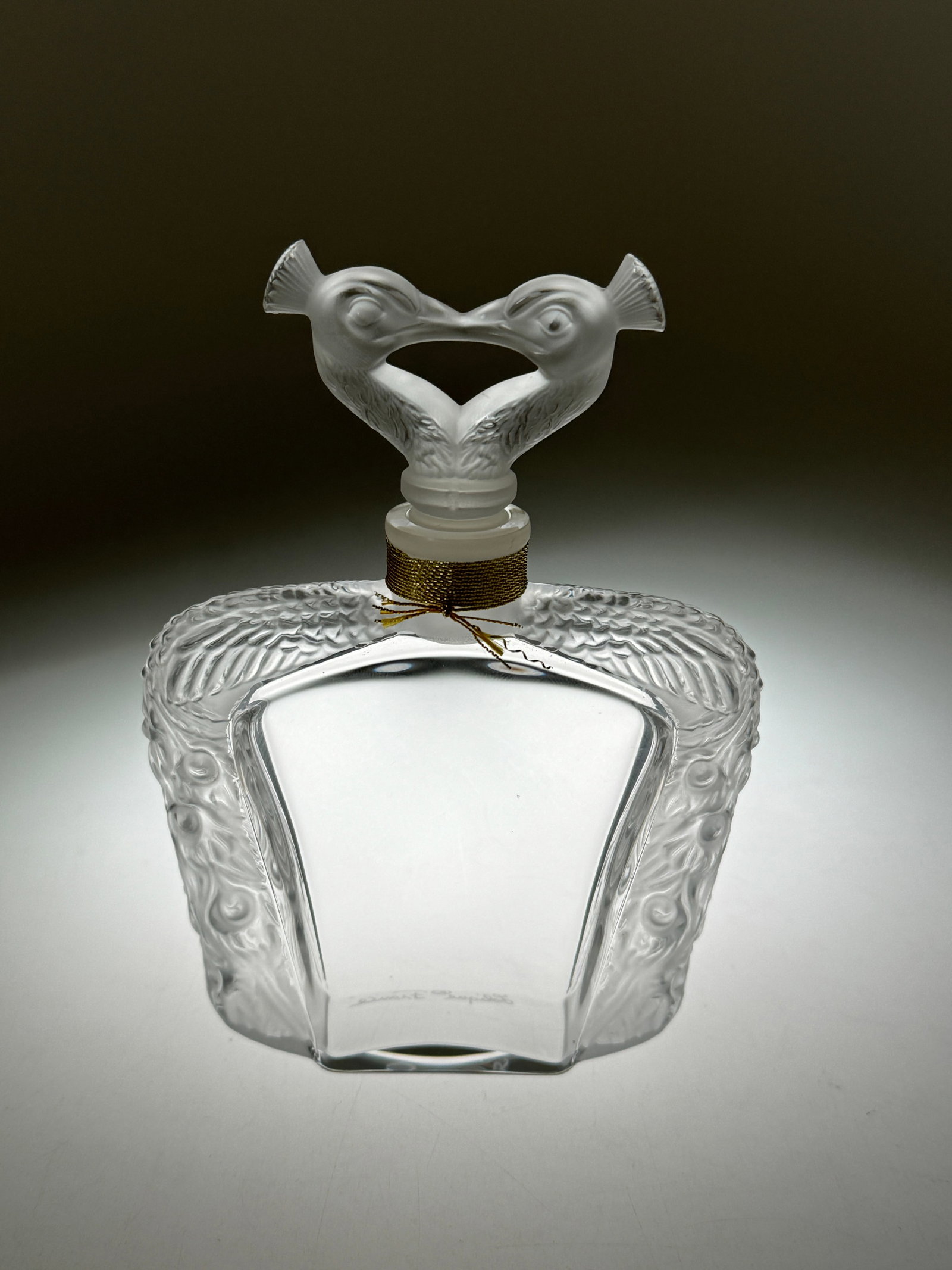 Lalique Deux Paons Crystal Flacon: Lalique Deux Paons Crystal Flacon. # A130 Certificate, In original fitted box. Etched on base 'Lalique France'. 5in. (12cm) h.
