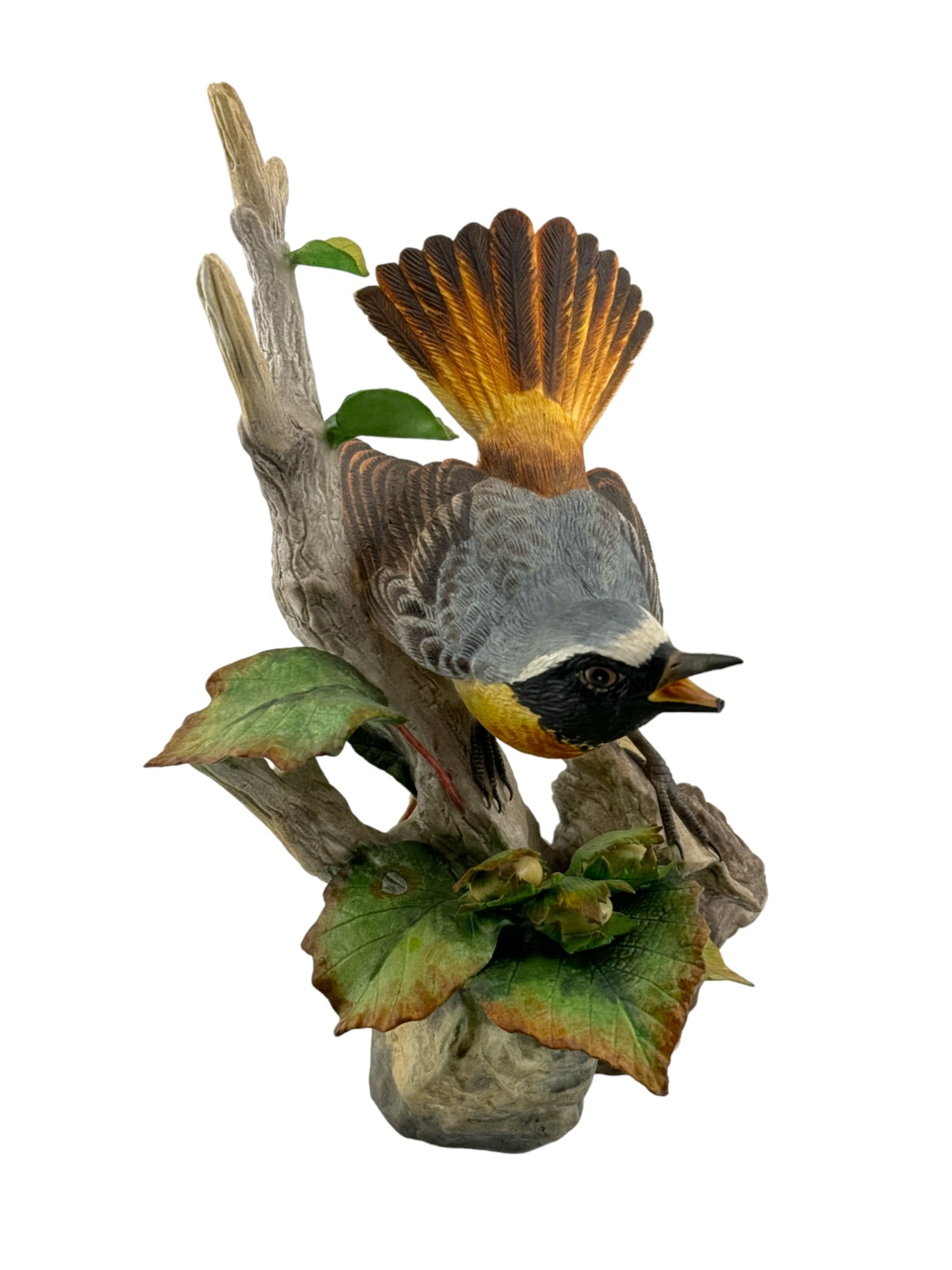 Boehm Bird Redstart with Hazel: BOEHM FIGURINE REDSTART WITH HAZEL MADE IN ENGLAND Porcelain figurine made by Boehm company. Stamp on underside reads "Redstart with Hazel (Phoenrurus Phoenrurus Phoenrurus) 200-46." Depicts a bird ju