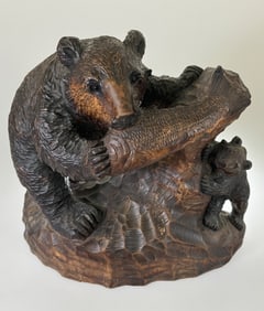 Japanese Black Bear with Cub Woodcarving, Black Forest Style