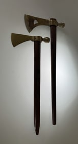 Two Native American Brass and Wood Tomahawk Peace Pipes Reproduction