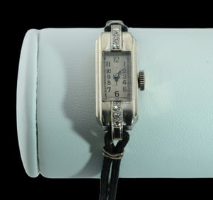 14K White Gold and Diamond Wittnauer Rectangular Deco Watch