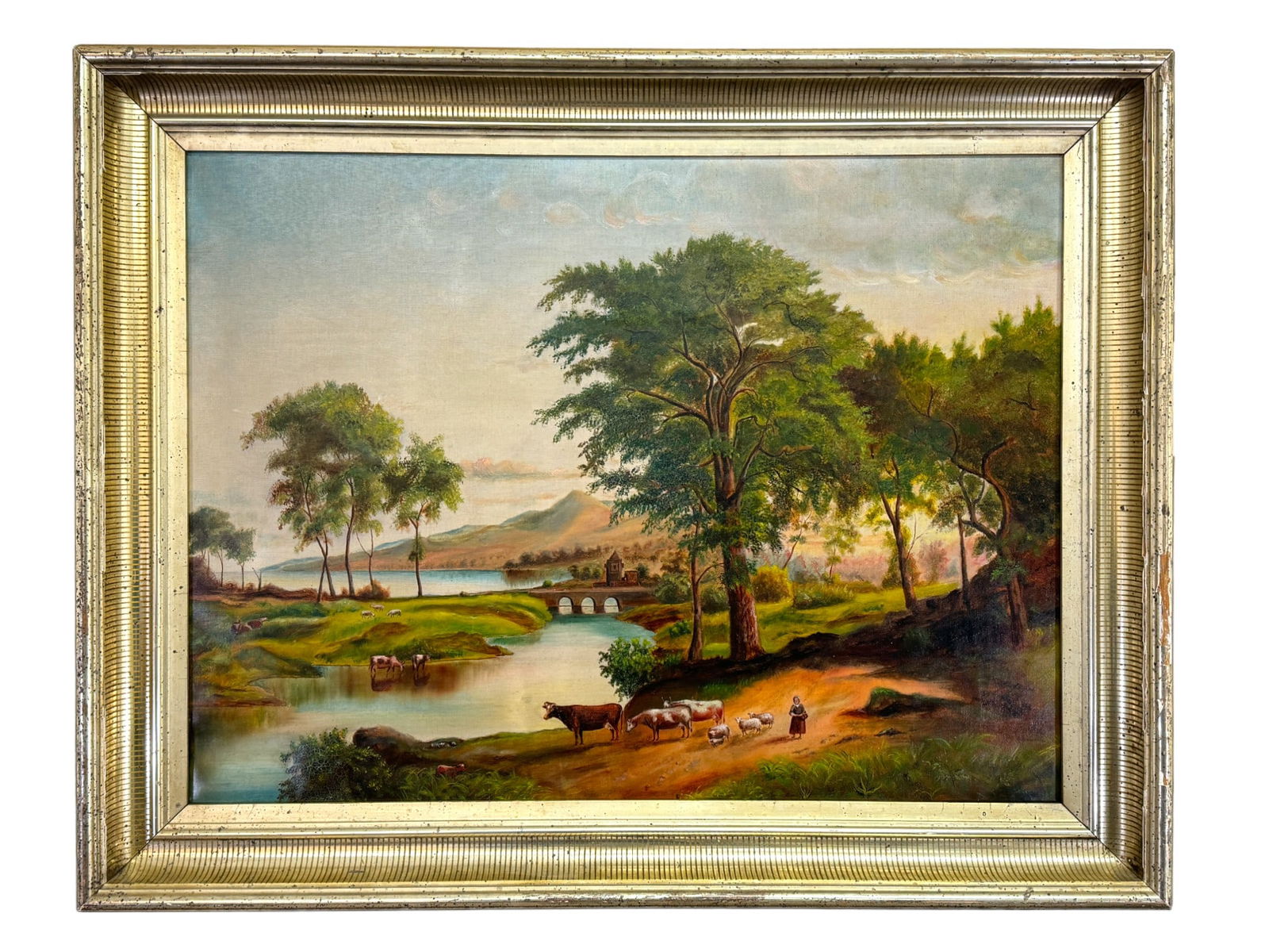 European School (19th Century) Landscape with Cows in Stream Oil on Canvas (1 of 2)