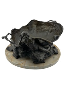 Patinated Bronze Shell Bowl fronted by Water Nymph on Marble Plinth