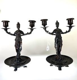 Pair of French Neo Grec Patinated Bronze Candleabra signed F. Souchal, Paris, late 19th century