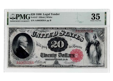 1880 $20 Legal Tender Alexander Hamilton PMG VF-35 Fr. 147