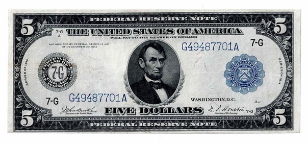 1914 $5 Federal Reserve Note series Chicago, Illi
