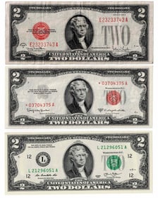 (lot of 3) US $2 Notes from 1928-2013. Star Note