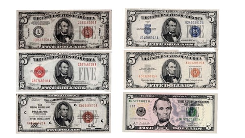 (lot of 6) US $5 US Notes from 1928-2013