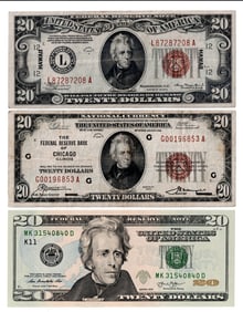 (lot of 3) US $20 Notes from 1929-2013