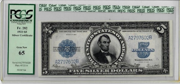 1923 $5 Silver Certificate Fr. 282 "Porthole" PCGS 65