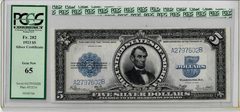 1923 $5 Silver Certificate Fr. 282 "Porthole" PCGS 65 (1 of 2)