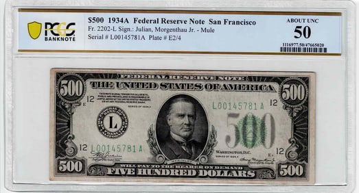 1934A $500 Federal Reserve Mule Note Fr. 2202-L PCGS AU50