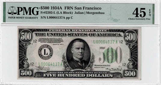 1934A $500 Federal Reserve Mule Note Fr. 2202-L PMG XF45 EPQ