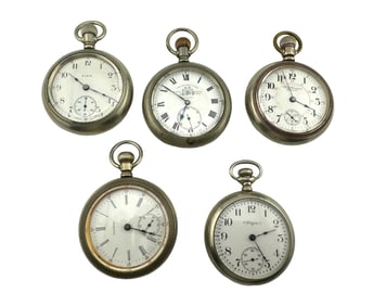 Group of 5 Size 18 Silveroid Pocket Watches