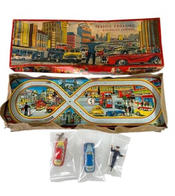Technofix London Traffic Crossing Tin Toy with 2 Wind Up Cars & Keys W. Germany