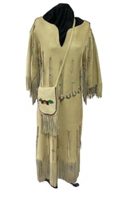 Native American  Buckskin Dress with Beaded Bag