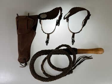 Collection Vintage Cowboy Leather Accesssories, Spurs, Whip and Gun Holster