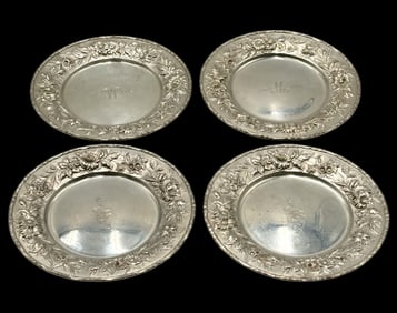 Set 4 Kirk & Son Repousse Sterling Bread Plates Mono.