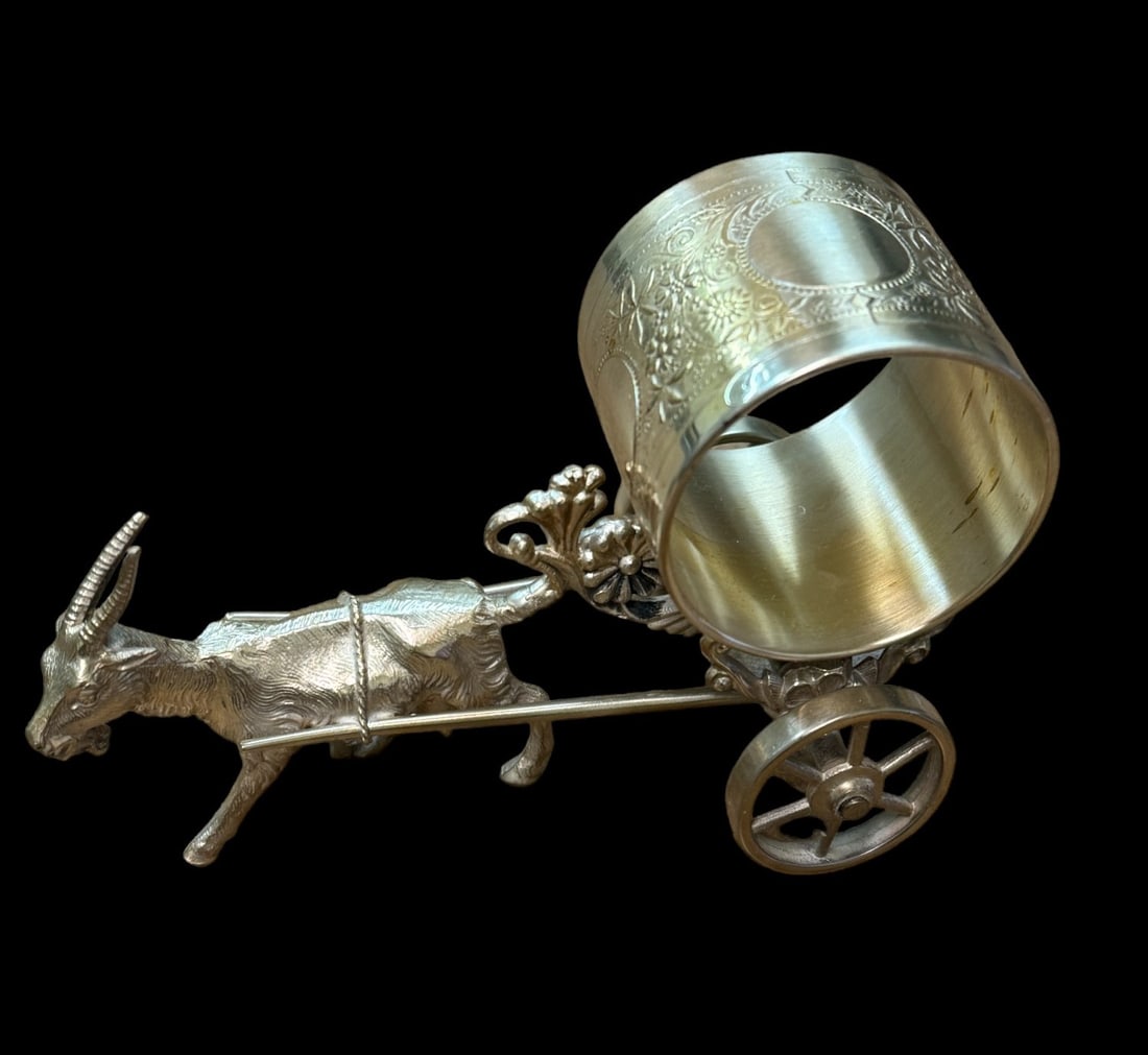 Silver Victorian Era Aesthetic Movement Figural Napkin Ring, Goal Pulling Cart (1 of 2)