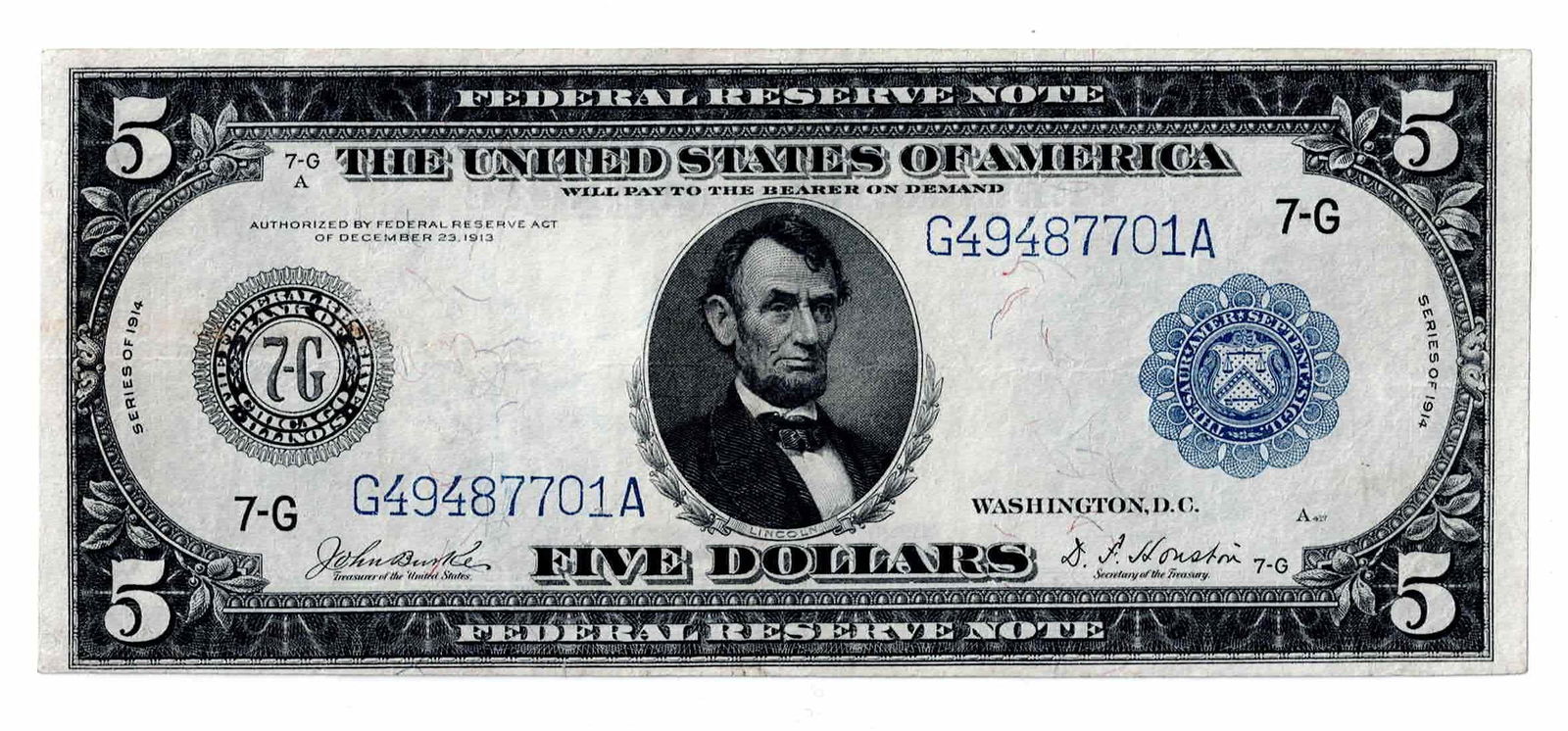 1914 $5 Federal Reserve Note series Chicago, Illi (1 of 2)