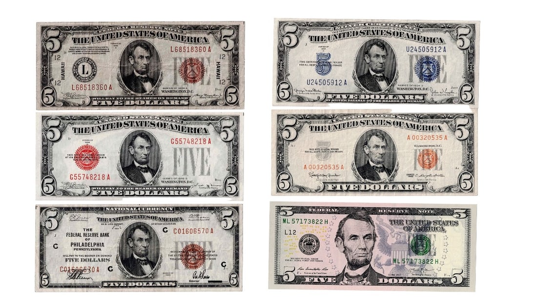 (lot of 6) US $5 US Notes from 1928-2013 (1 of 2)