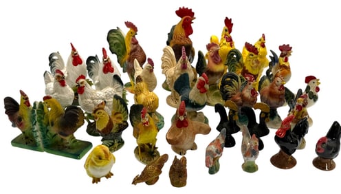 Collection of VTG Hand Painted Glazed Porcelain Roosters and Chickens mostly Japanese
