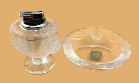 Lalique Tete De Lion Ashtray and Table Lighter 1970
