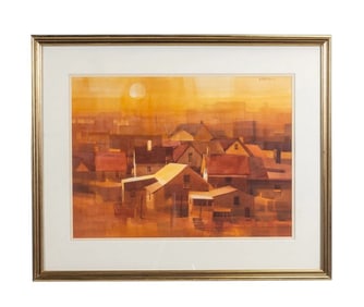 G. Russell Case, Cityscape at Sunset, watercolor