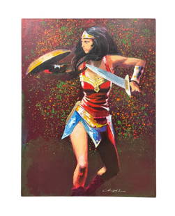 Jamie Chase (American, b. 1954) "Wonder Woman" Acrylic on Canvas .: Jamie Chase (American, b. 1954) "Wonder Woman" Acrylic on Canvas . Signed lower right. Signed and dated verso. Canvas unframed 40" x 30"
