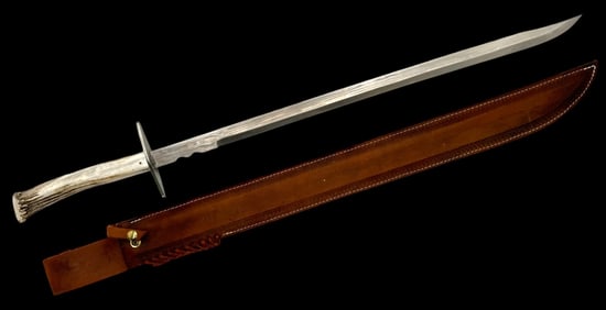 Silver Stag Fur Trader Sword with Hand Stitched Leather Sheath