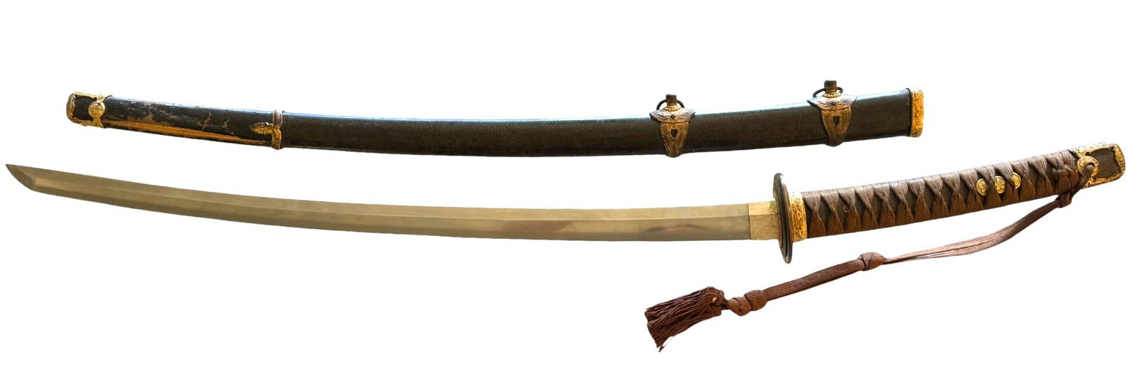 WWII Imperial Japanese Type 98 Army Officer Shin Gunto Signed "Yoshikane" Showa 18, 1943: WWII Imperial Japanese Type 98 Army Officer Shin Gunto Signed "Yoshikane" Showa 18, 1943. Wartime production high grade Japanese officer Katana in the Type 98 Shin-Gunto setting. These type of fitting