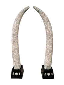 Pair of Monumental Chinese Hand Carved Polychrome Bone Veneered "Tusks" in Wooden Base