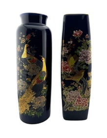(Lot of 2) VTG Japanese Porcelain Cobalt Blue Enamel Vase