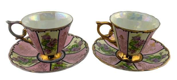 Royal Sealy Purple and Pink Floral Paneled Tea Cups and Saucers