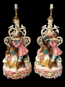 Pair of Large Capodimonte Style Violin Figurine Lamp with Shades
