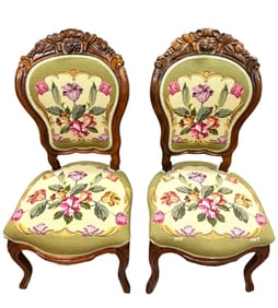 Pair of Handcarved and Handstiched Needlepoint Chairs with Floral Designs