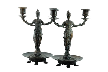 Pair of French Neo Grec Patinated Bronze Candleabra signed F. Souchal, Paris, late 19th century