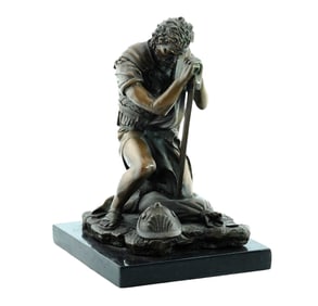 Bronze Warrior Kneeling sculpture on black marble base