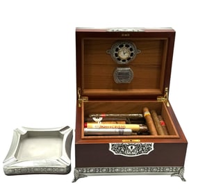 Royal Selangor Leaf Dominica Humidor in Pewter and Wood with Ashtray