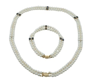 14K Pearl, Saphire and Diamond Necklace and Bracelet