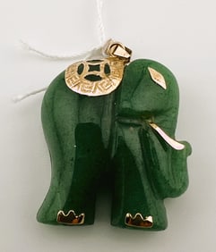 14K Yellow Gold green Jade Elephant Pendant