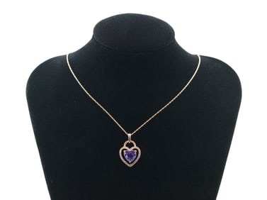 10Kt Rose Gold Necklace with Purple Heart Shaped Gemstone and Diamond Pendant