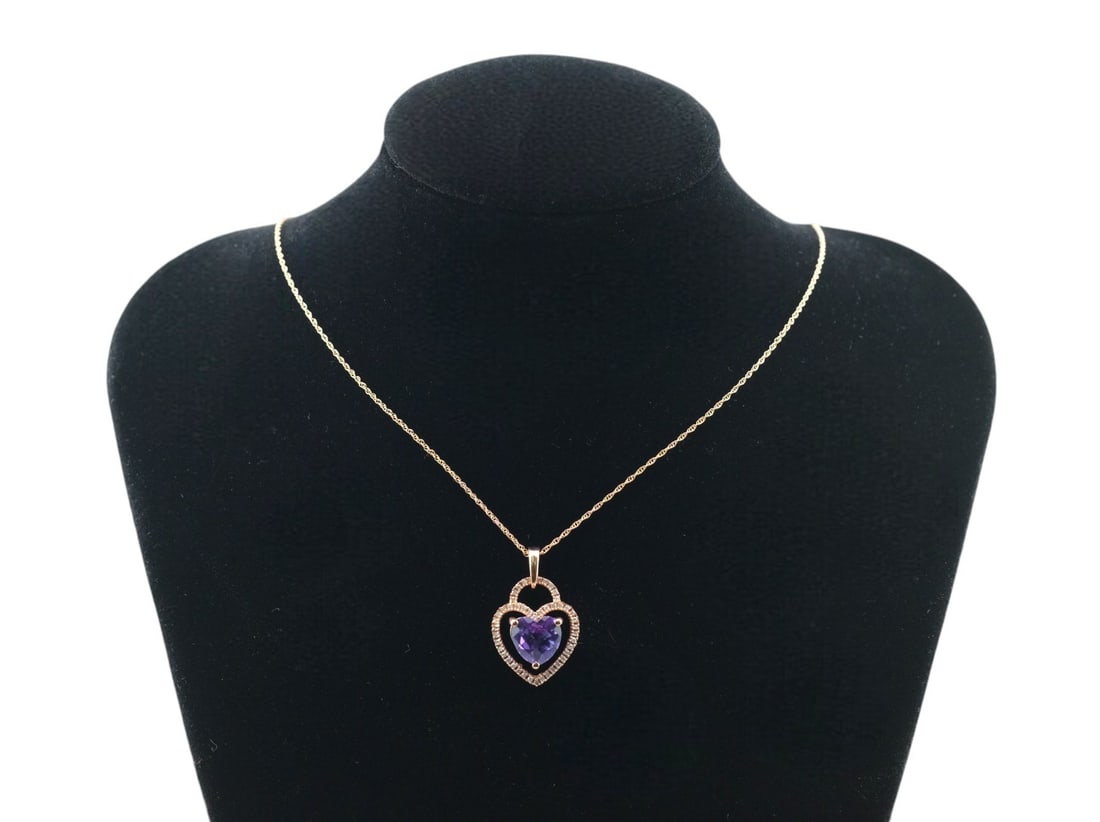 10Kt Rose Gold Necklace with Purple Heart Shaped Gemstone and Diamond Pendant (1 of 3)
