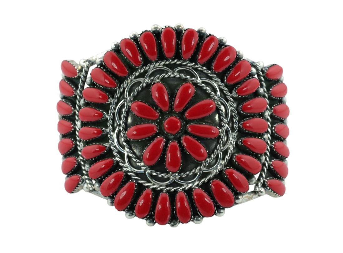 Native American Navajo Oxblood Coral Sterling Cluster Cuff Bracelet by Darlene Begay (1 of 4)