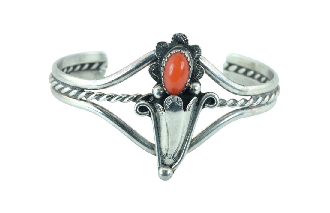 Native American style Coral Sterling Silver Cuff Bracelet (1 of 3)