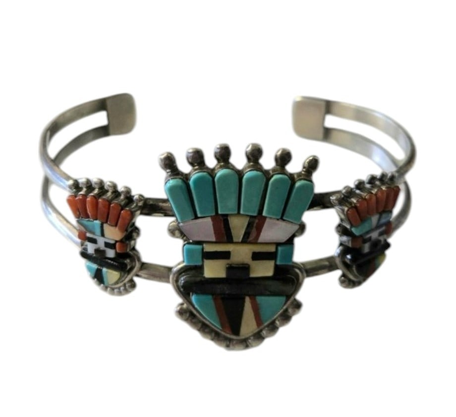 Native American Zuni Sterling Silver Inlay Multi Stone Kachina Cuff Bracelet (1 of 2)