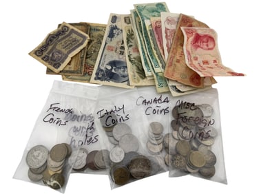 Collection of International Coins and Currency
