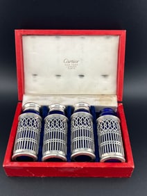 4 CARTIER STERLING SILVER SALT & PEPPER SHAKERS PIERCED COBALT LINERS BOXED